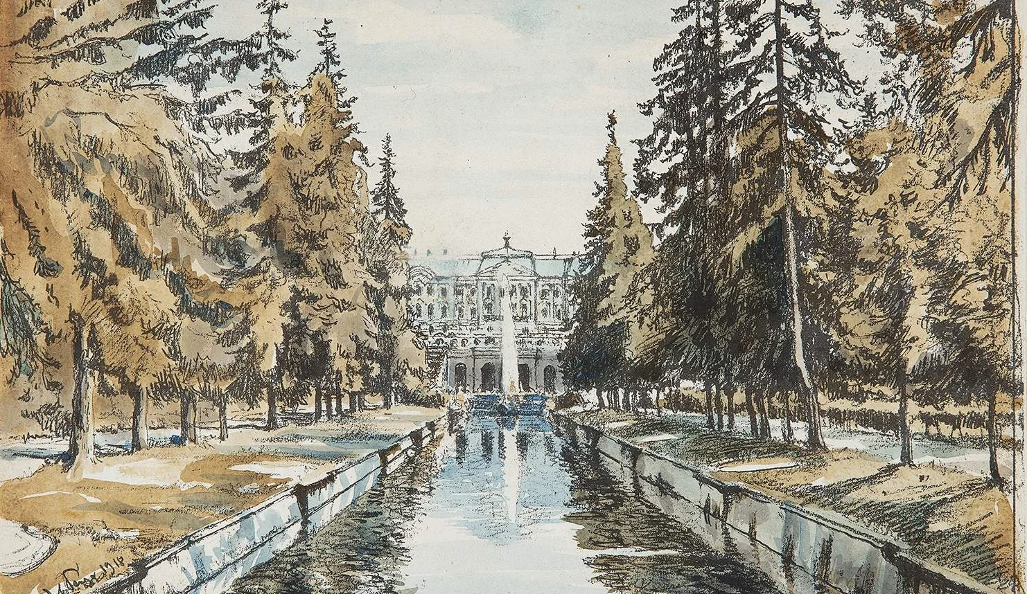 Николай Александрович Бенуа. «Петергоф. Вид на Большой дворец», 1918 год